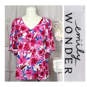 Emily Wonder Pink Red Floral Blouse Top Flutter Sleeve Size Small